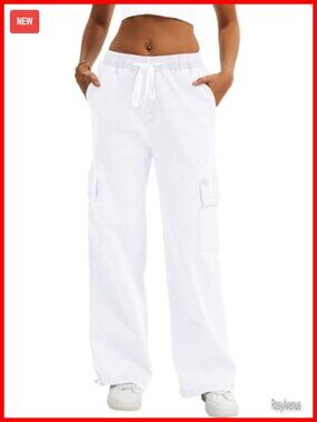 High Waisted Cargo Jeans Baggy Wide Leg Stretch Denim Pull On Pants